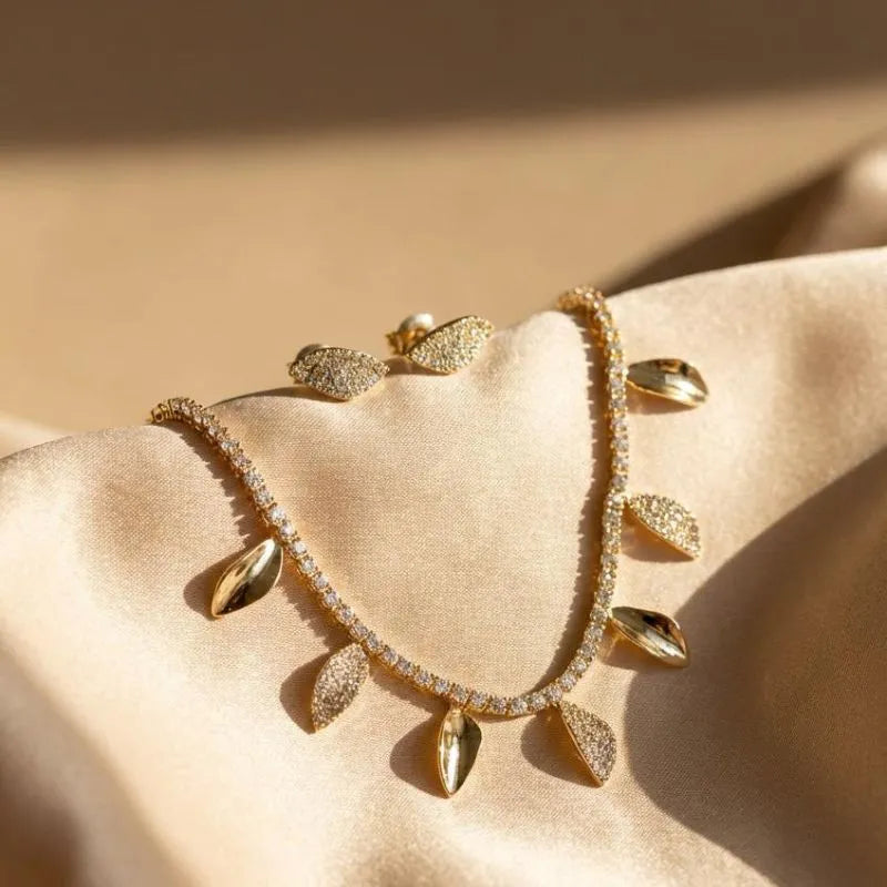 Leaf-Shaped Zircon Necklace and Earring Jewelry Set GOLD