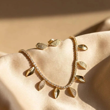Leaf-Shaped Zircon Necklace and Earring Jewelry Set GOLD