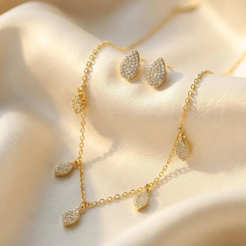 Gold Plated Leaf-Shaped Zirconia Charm Jewelry Set necklace, earrings