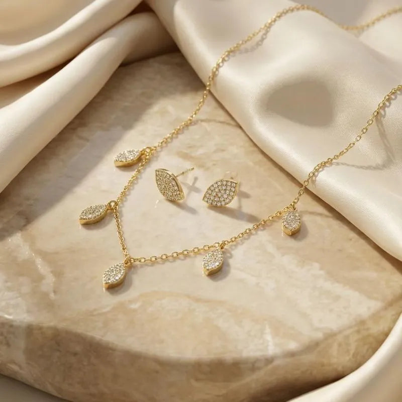 Gold Plated Leaf-Shaped Zirconia Charm Jewelry Set necklace, earrings