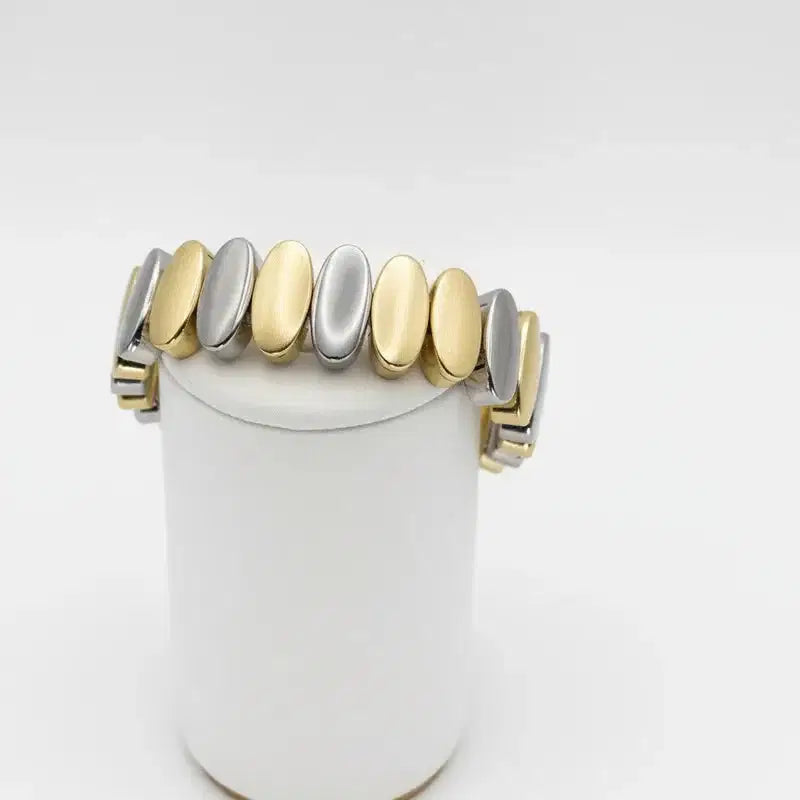 Gold Plated Bracelet with Oval Stretch Link Design - Two-Tone