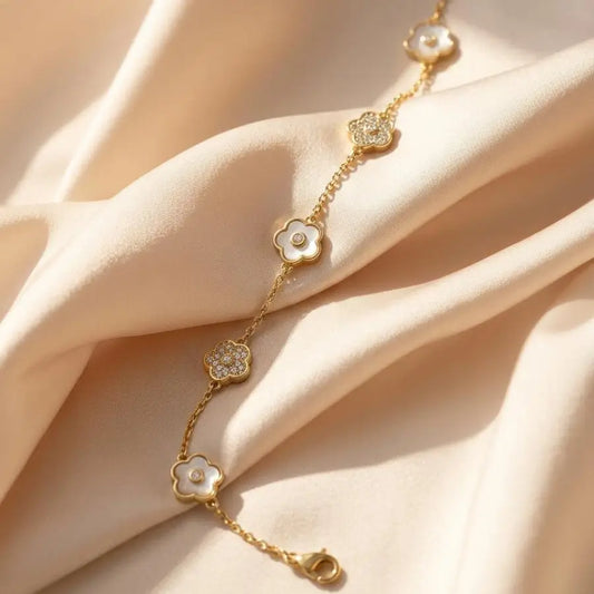 Luxury Gold-Plated Mother of Pearl and Zirconia Flower Bracelet