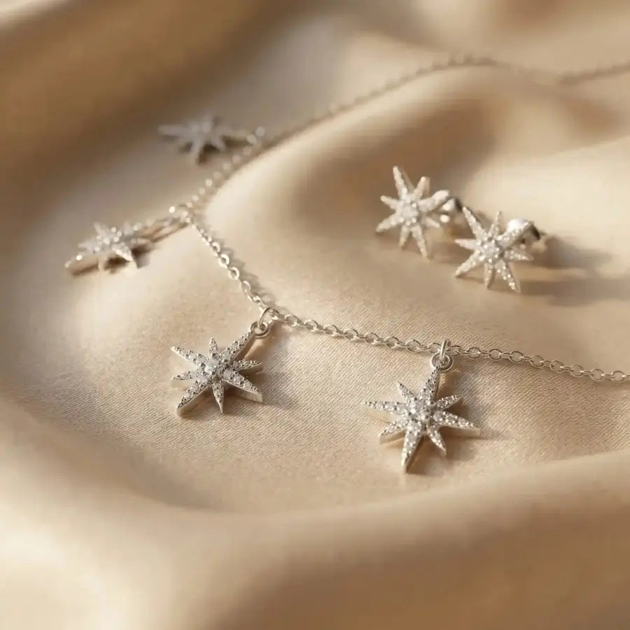 Gold-Plated & Silver Sparkling Star Necklace and Earrings Set