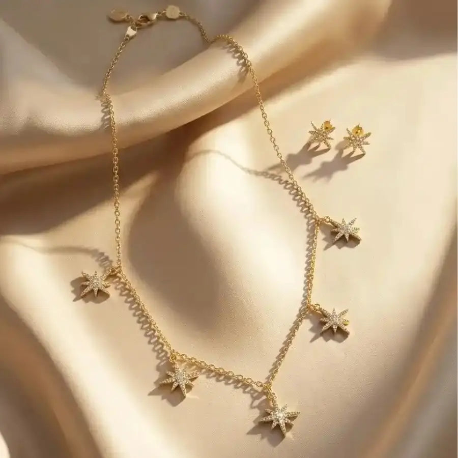 Luxury Gold-Plated Sparkling Star Necklace and Earrings Set