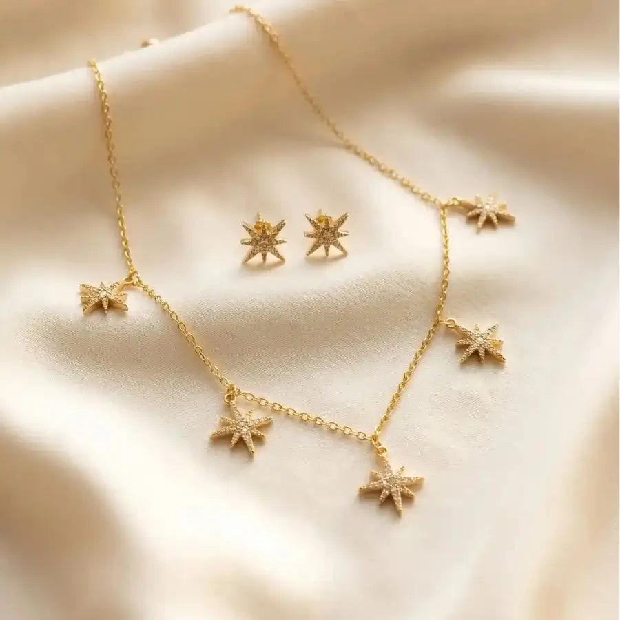 Luxury Gold-Plated Sparkling Star Necklace and Earrings Set