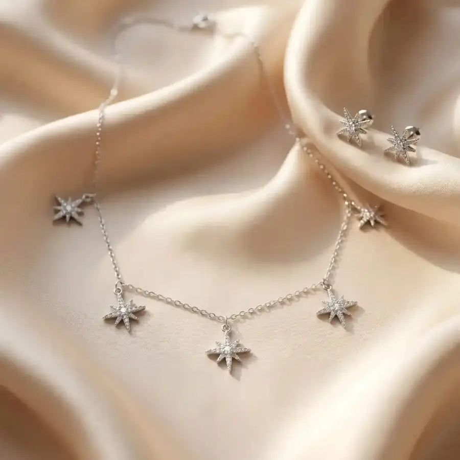 Luxury Silver Sparkling Star Necklace and Earrings Set1