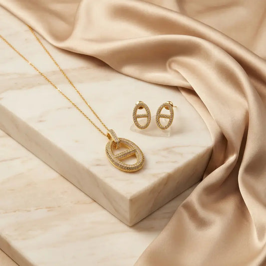 Oval Anchor Gold Plated Necklace Set with Earrings