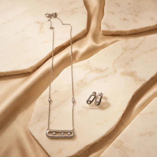 Oval Bar Cubic Zirconia Silver Plated Necklace Set with Earrings