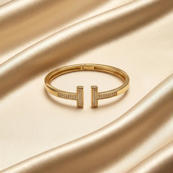 Pave Double T Motif Gold Plated Cuff Bracelet