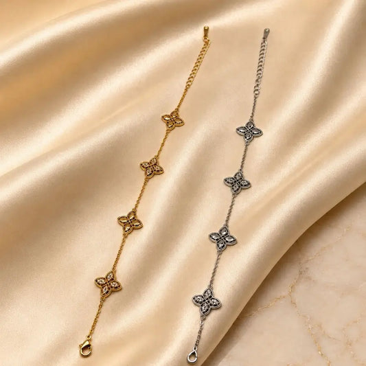 Quad Floral Motif Gold Plated Charm Bracelet