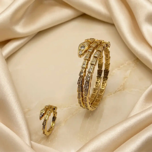 Serpent Wrap 18K Gold Plated Cuff Bracelet and Ring Set