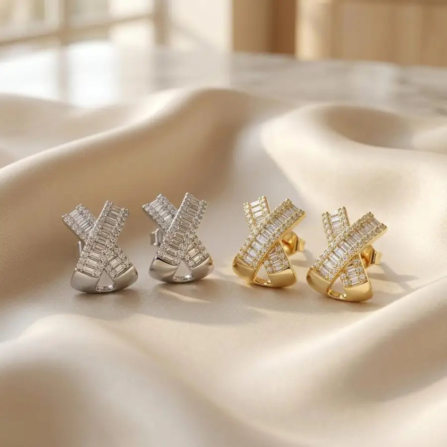 Silver-Toned & Gold Plated Stud Earrings with X Design 