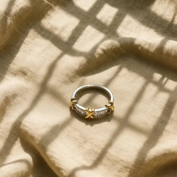 Silver-Toned Ring with Gold X-Shaped Design