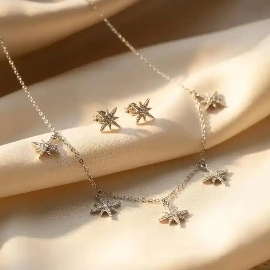  Silver-Toned Sparkling Star Necklace and Earrings Set