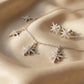 Close up of an elegant silver necklace and matching stud earrings set featuring five sparkling star charms paved with clear zirconia on soft ivory satin.