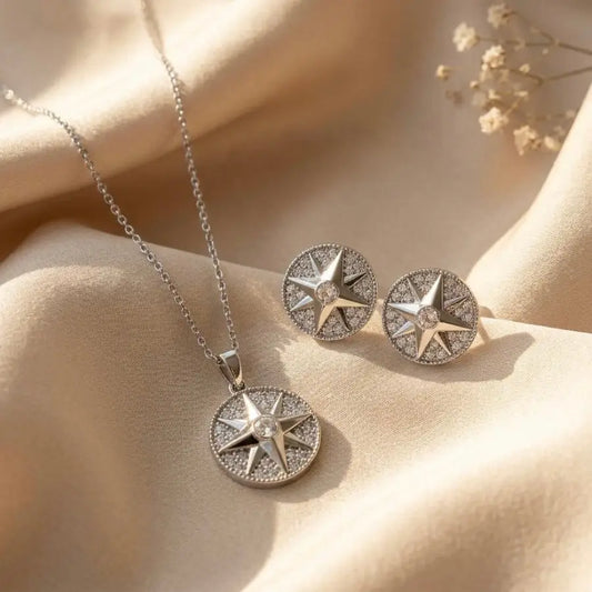 Celestial North Star Pendant Necklace and Earrings Jewelry Set with Zirconia