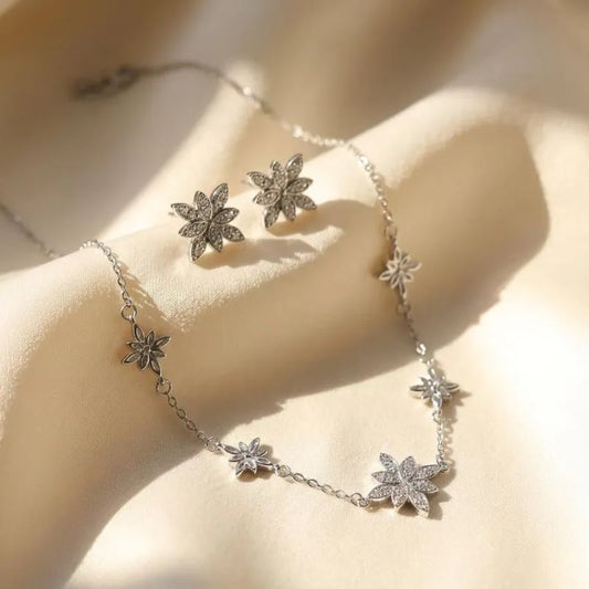 Stainless Steel Floral crystal necklace and earrings set