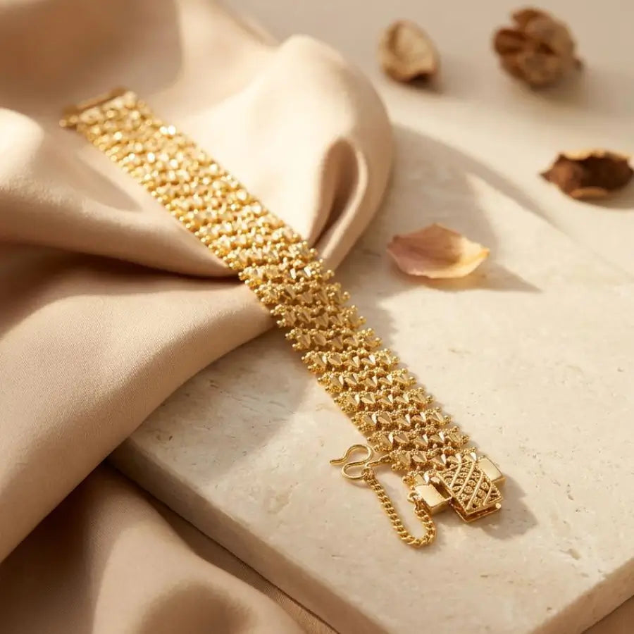 Luxury Gold-Plated Intricate Granulated Pyramidal Mesh Bracelet