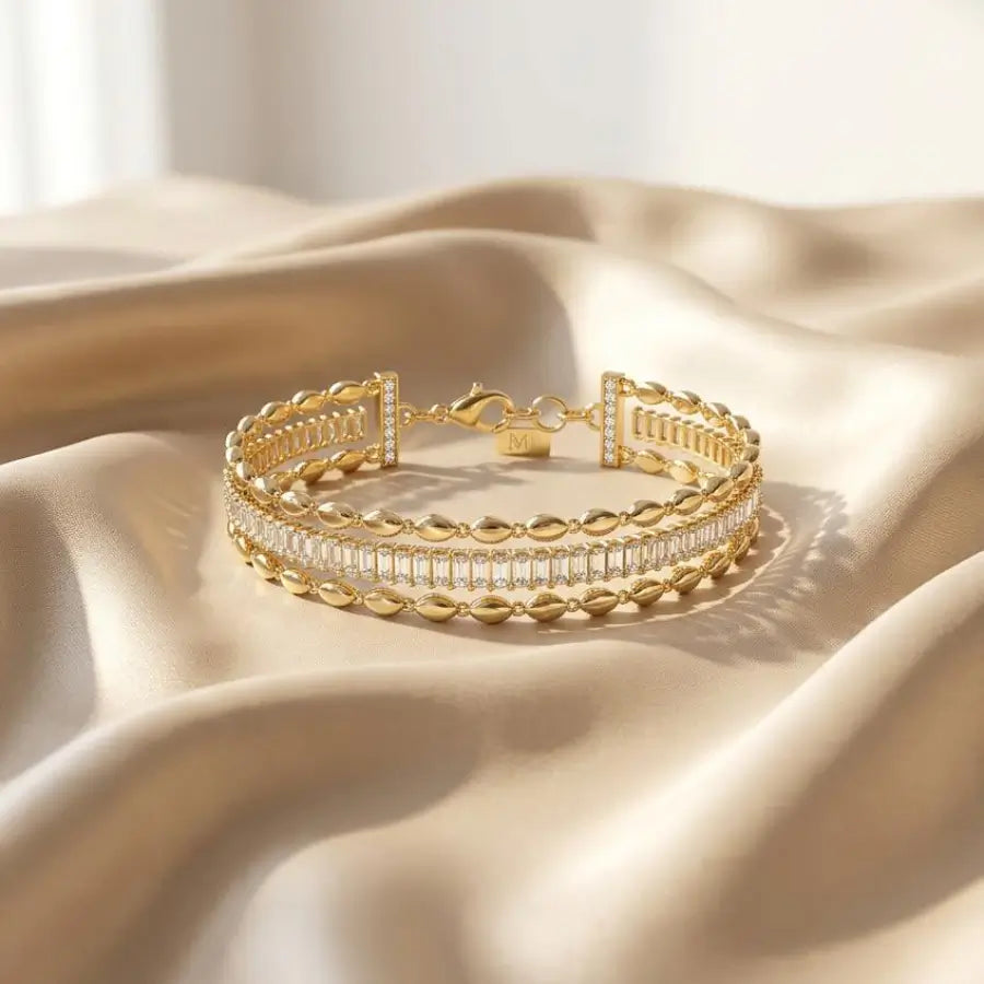 Luxury Gold-Tone Triple-Strand Baguette Zirconia Bracelet