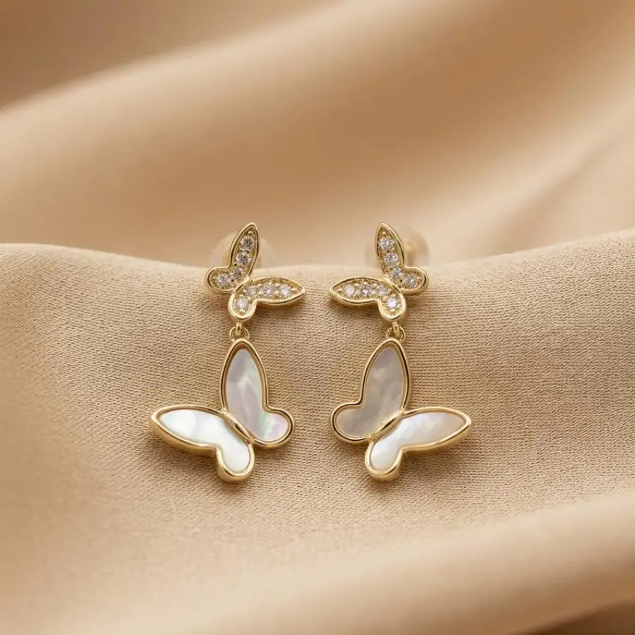 Gold-Plated Double Butterfly Drop Earrings with Pearl and Zirconia