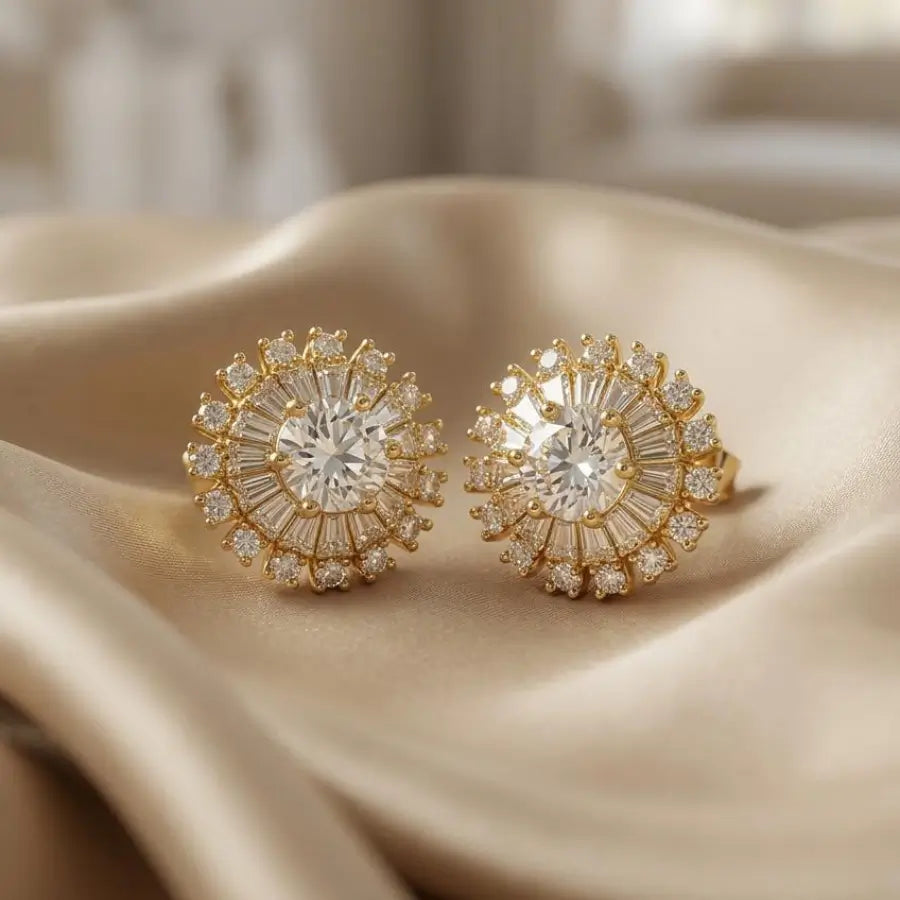 Luxury Gold-Plated and Silver-Toned Sunburst Zirconia Stud Earrings