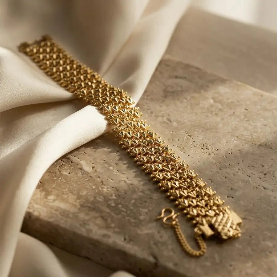Luxury Gold-Plated Intricate Granulated Pyramidal Mesh Bracelet