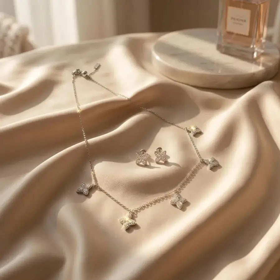 Gold-Plated & Silver Butterfly Necklace and Earrings Set