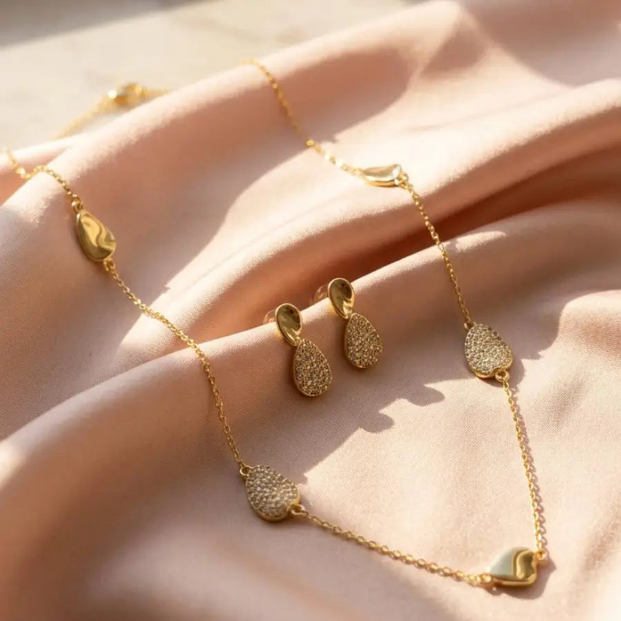 Gold Plated Teardrop Station Necklace and Earrings Set