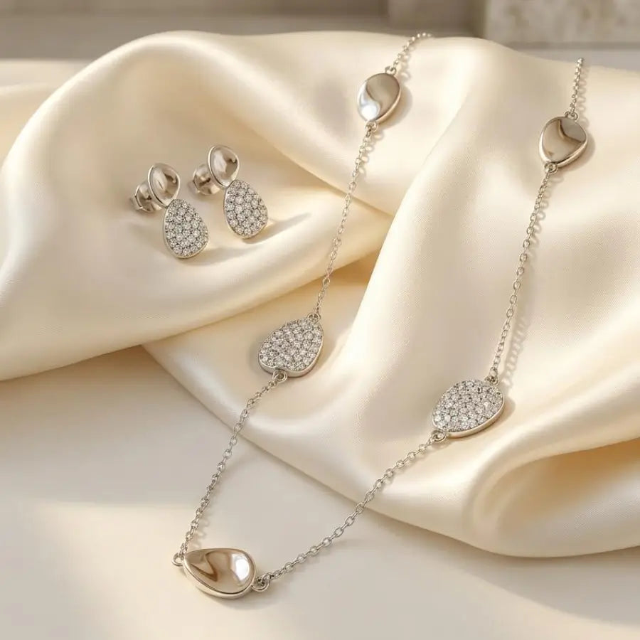 Gold Plated Teardrop Station Necklace and Earrings Set