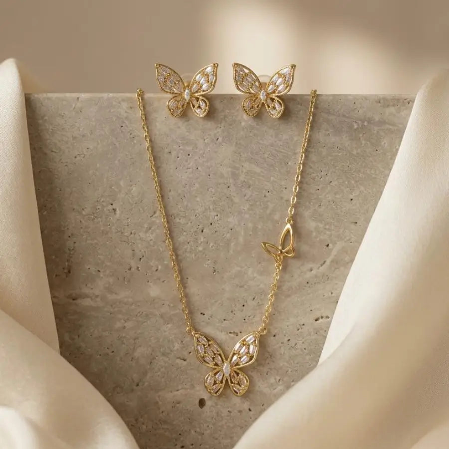 Gold-Plated Butterfly Necklace and Earrings Jewelry Set