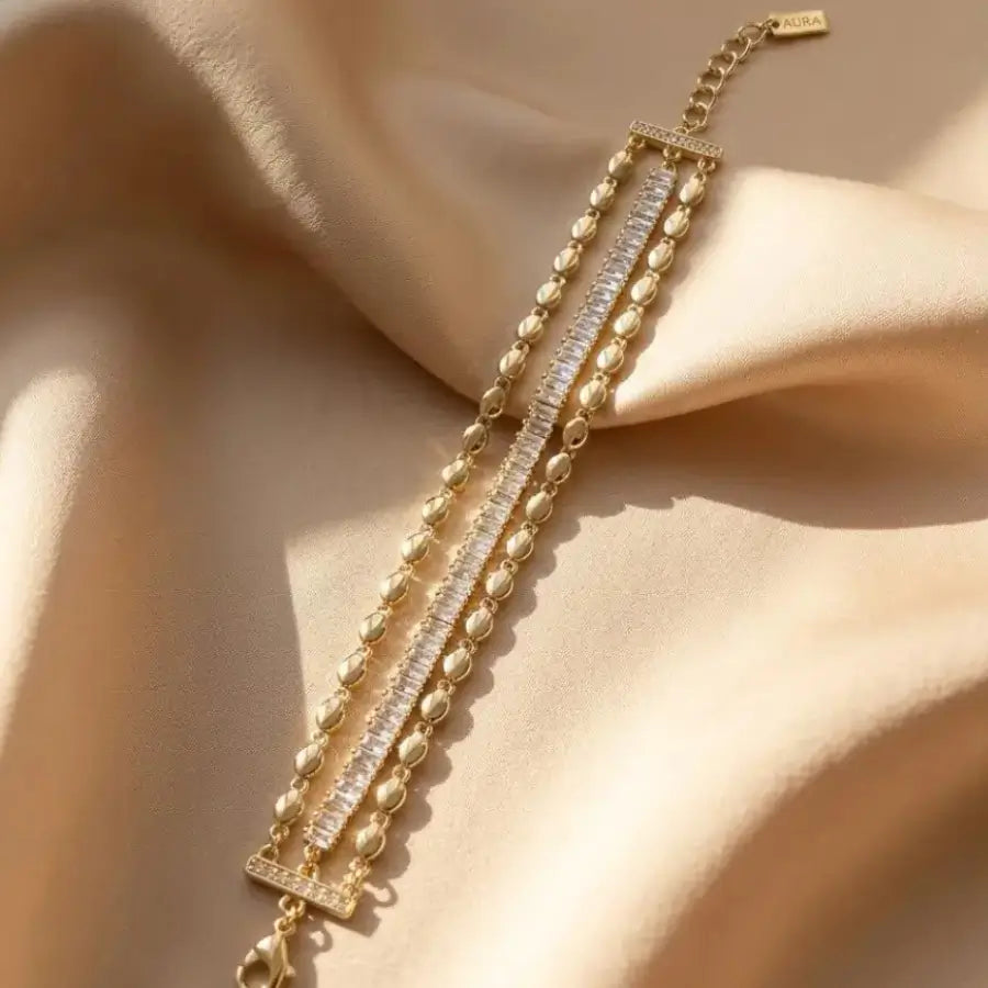 Luxury Gold-Tone Triple-Strand Baguette Zirconia Bracelet