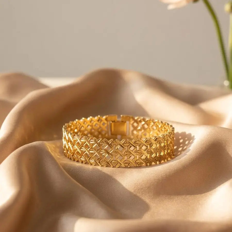 Luxury Gold-Plated Intricate Mesh Textured Wide Bracelet