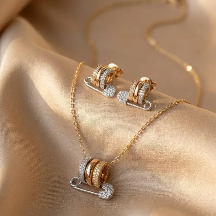 Gold Plated Safety Pin Necklace and Earrings Jewelry Set