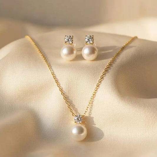 Gold Plated Solitaire Pearl Necklace and Earrings Set