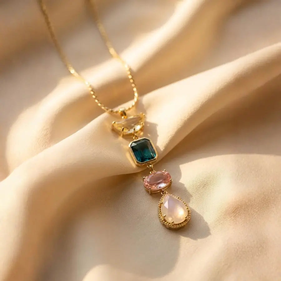 Gold Plated Cascade Multi-Gemstone Pendant Necklace