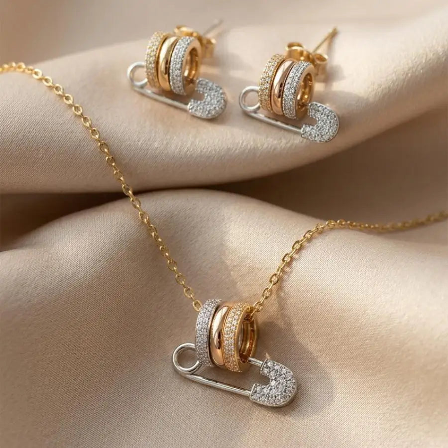 Gold Plated Safety Pin Necklace and Earrings Jewelry Set
