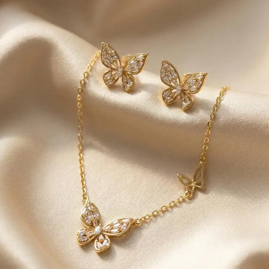 Gold-Plated Butterfly Necklace and Earrings Jewelry Set