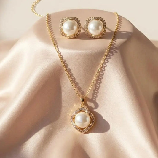 Gold-Plated Pearl Necklace and Earrings Jewelry Set