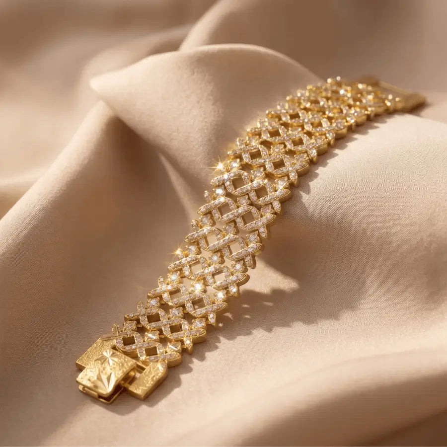 Luxury Gold-Plated Intricate Mesh Textured Wide Bracelet