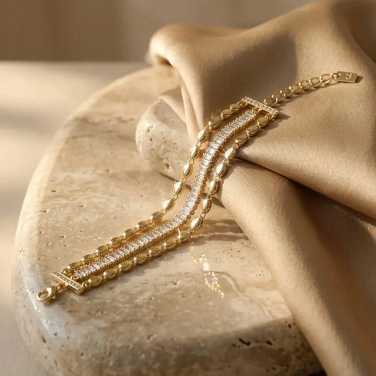 Luxury Gold-Tone Triple-Strand Baguette Zirconia Bracelet