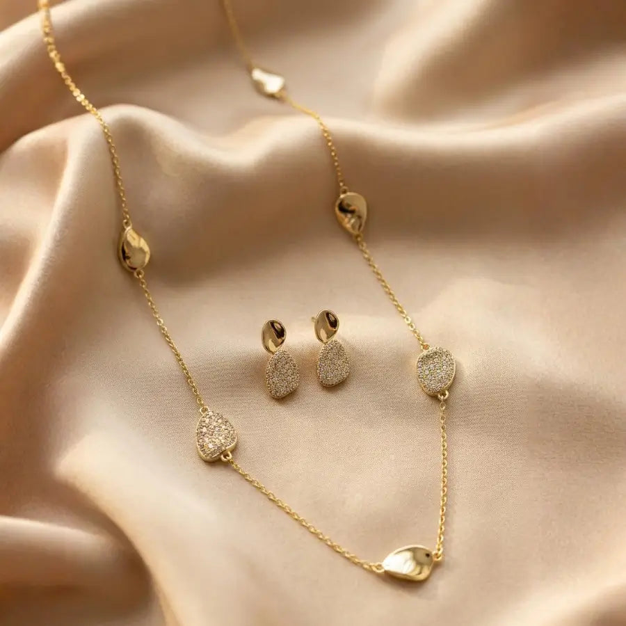 Gold Plated Teardrop Station Necklace and Earrings Set
