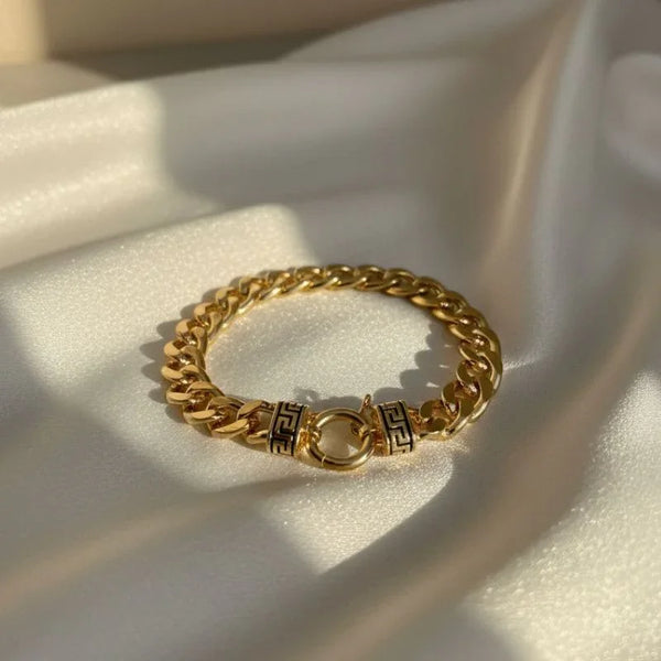 Greek Key Accent Gold Plated Cuban Link Bracelet