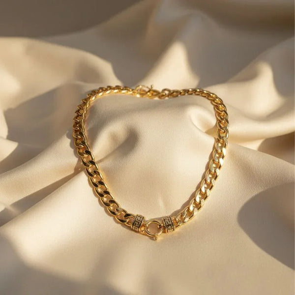 Greek Key Accent Gold Plated Cuban Link Necklace