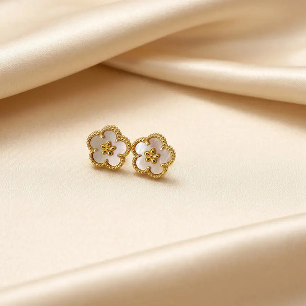 White Flower Gold Plated Stud Earrings for Daily Wear