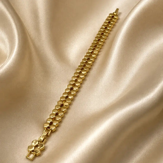 Wide Hexagonal Statement Gold Plated Bangle Bracelet