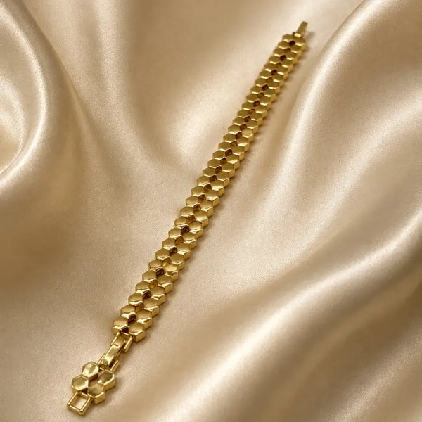 Wide Hexagonal Statement Gold Plated Bangle Bracelet