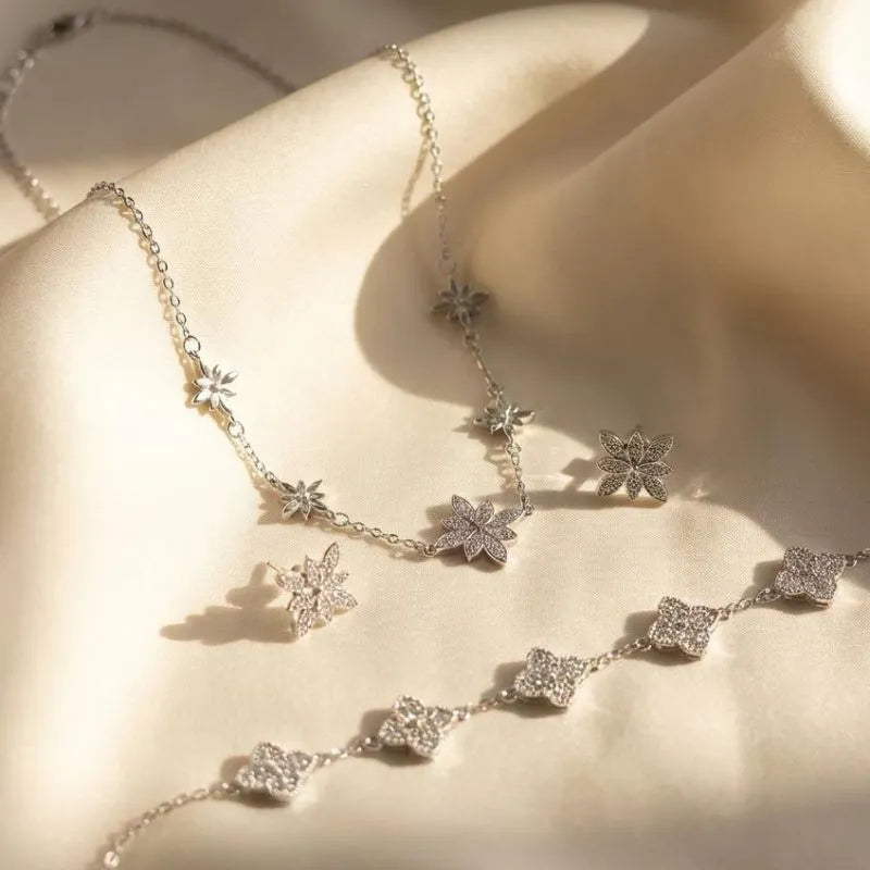 Silver Floral Crystal Clover Jewelry Bundle