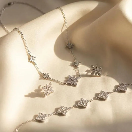 Silver Floral Crystal Clover Jewelry Bundle