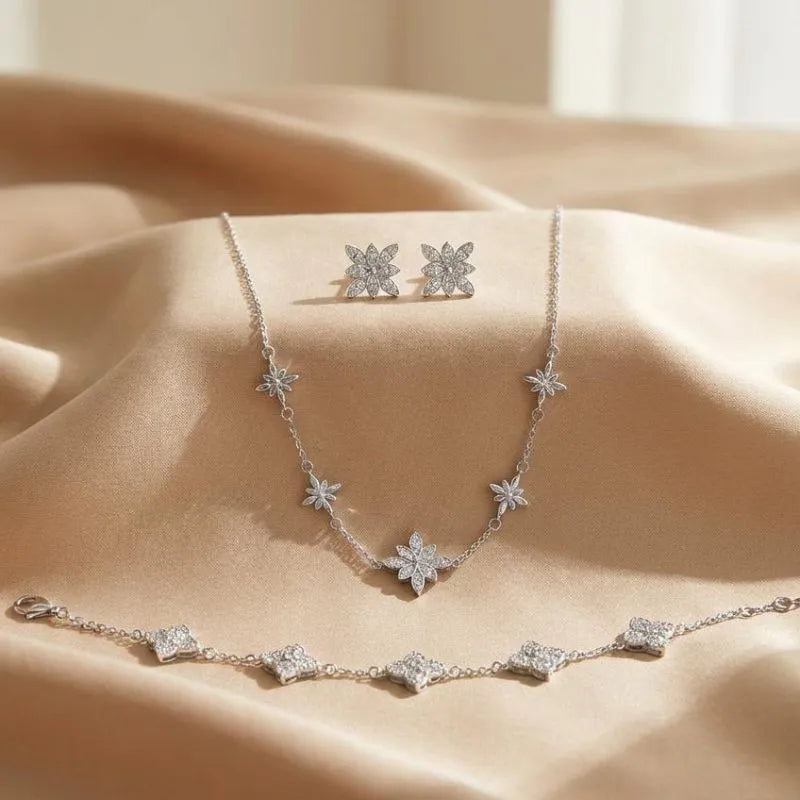 Silver Floral Crystal Clover Jewelry Bundle