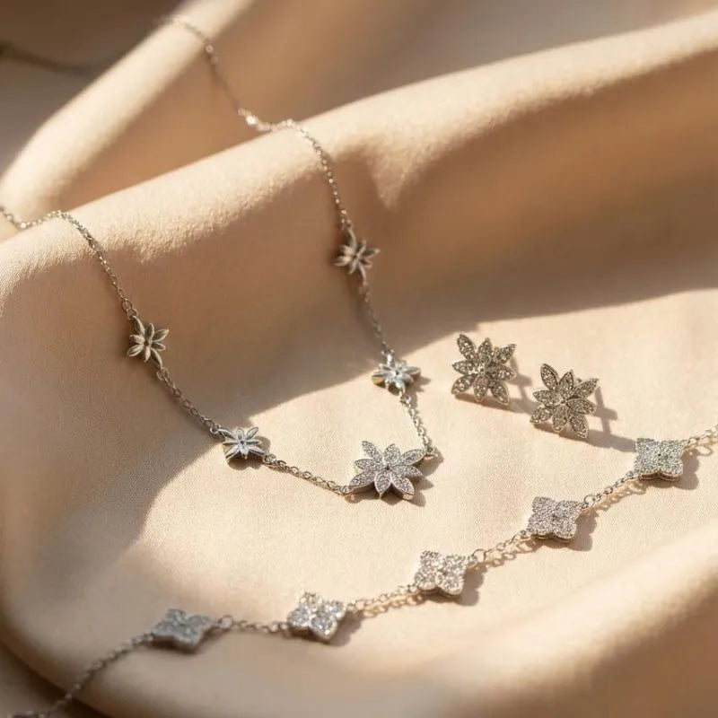 Silver Floral Crystal Clover Jewelry Bundle